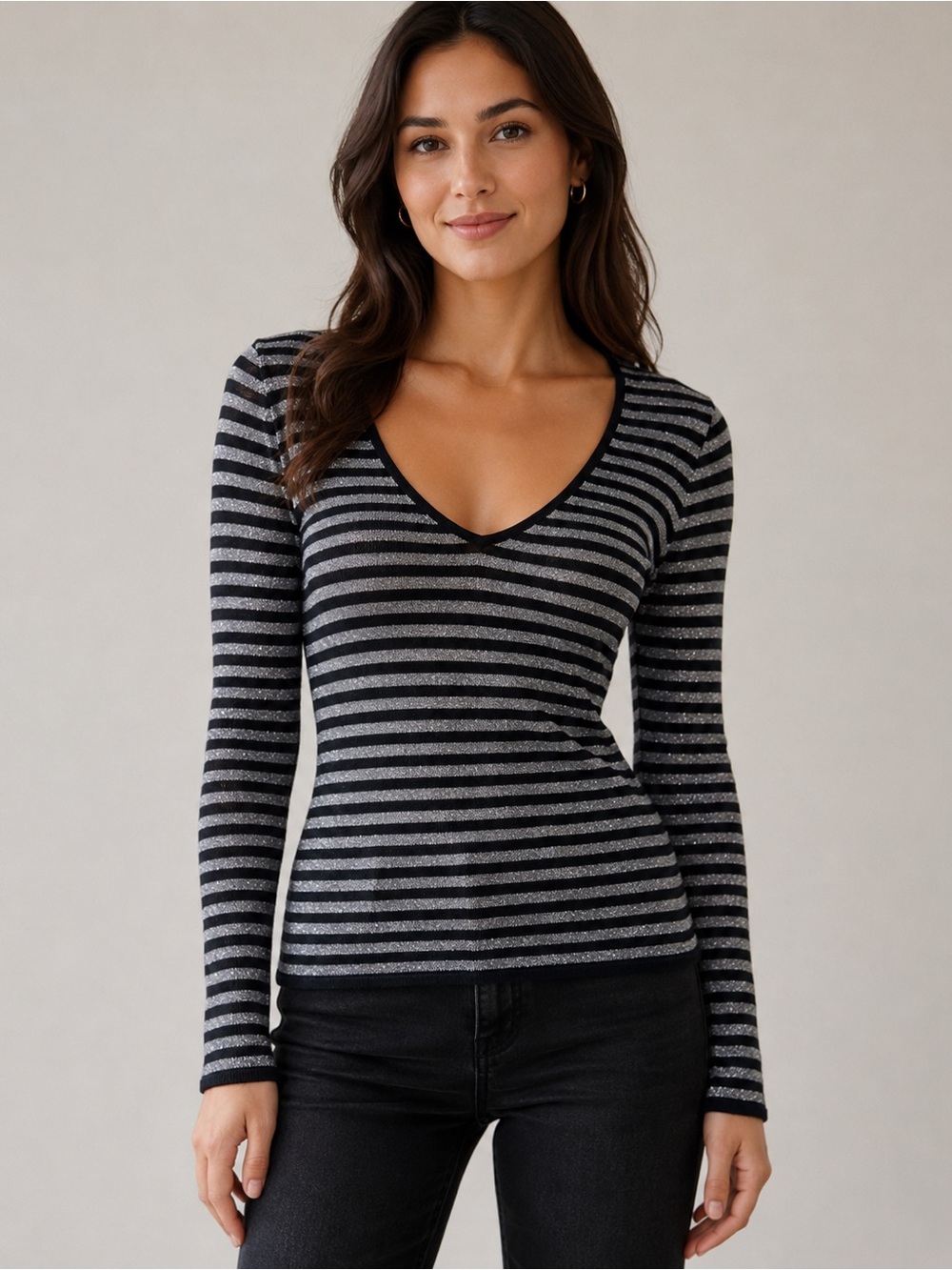 RALPH Ralph Lauren Metallic Silver Black Stripe V-Neck Top Size M Holiday